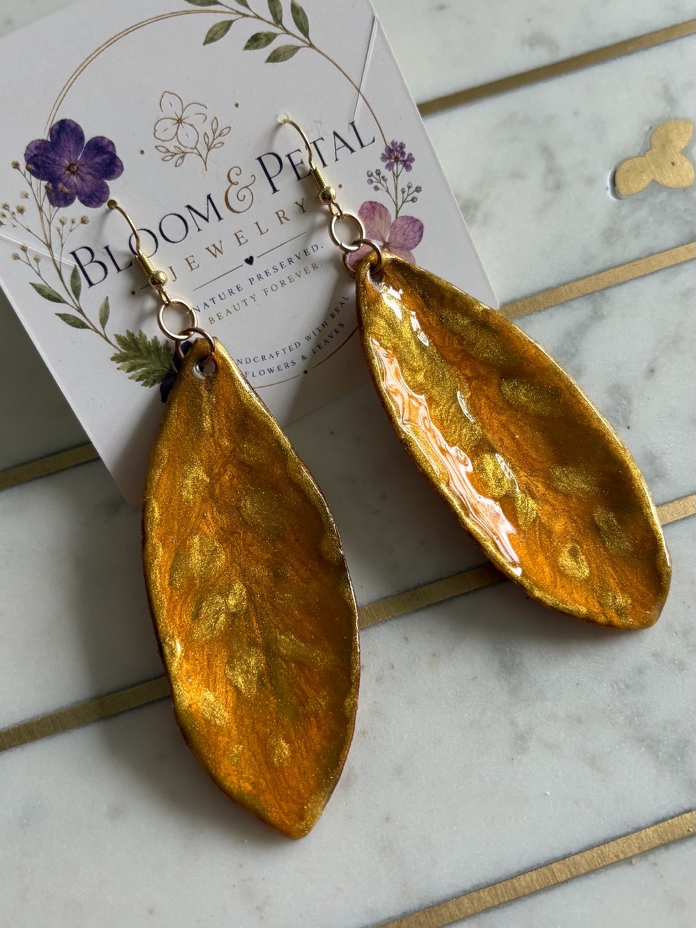 Magnolia Golden Leaf earrings, Handmade botanical jewelry,Nature Inspired Dangle